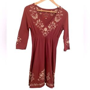 Johnny Was Los Angeles Embroidered Boho Dress Burgundy Size Small